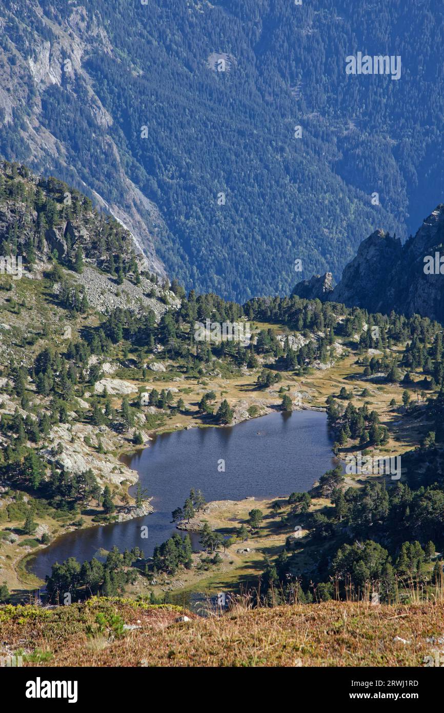 Lac Achard and its surrounding forests from above Stock Photo
