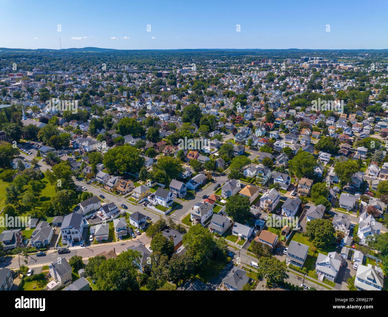 Wollaston and North Quincy historic residential area aerial view near Quincy Bay in Wollaston, city of Quincy, Massachusetts MA, USA. Stock Photo