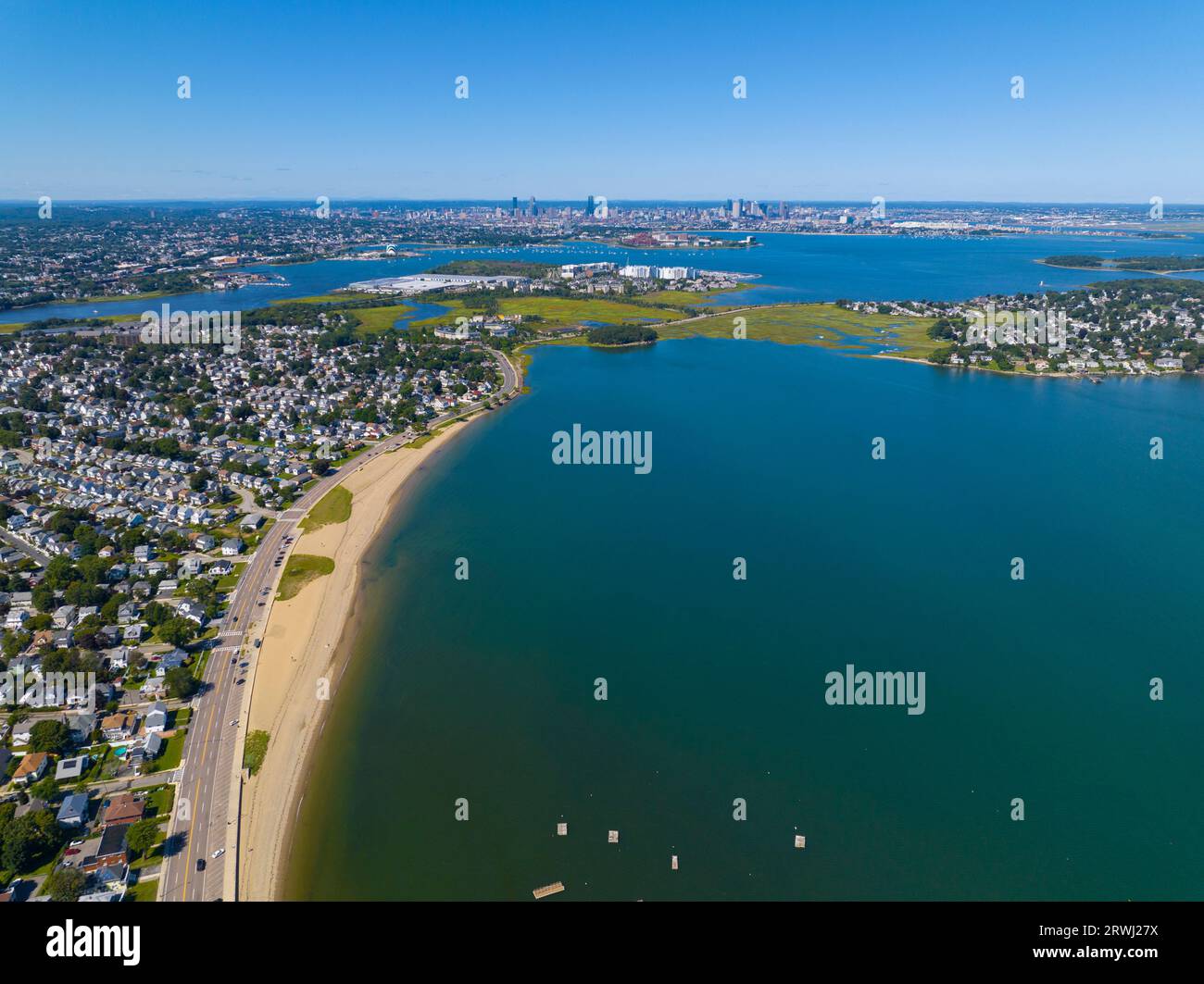 Wollaston Beach aerial view and Quincy Shore Drive next to the beach in
