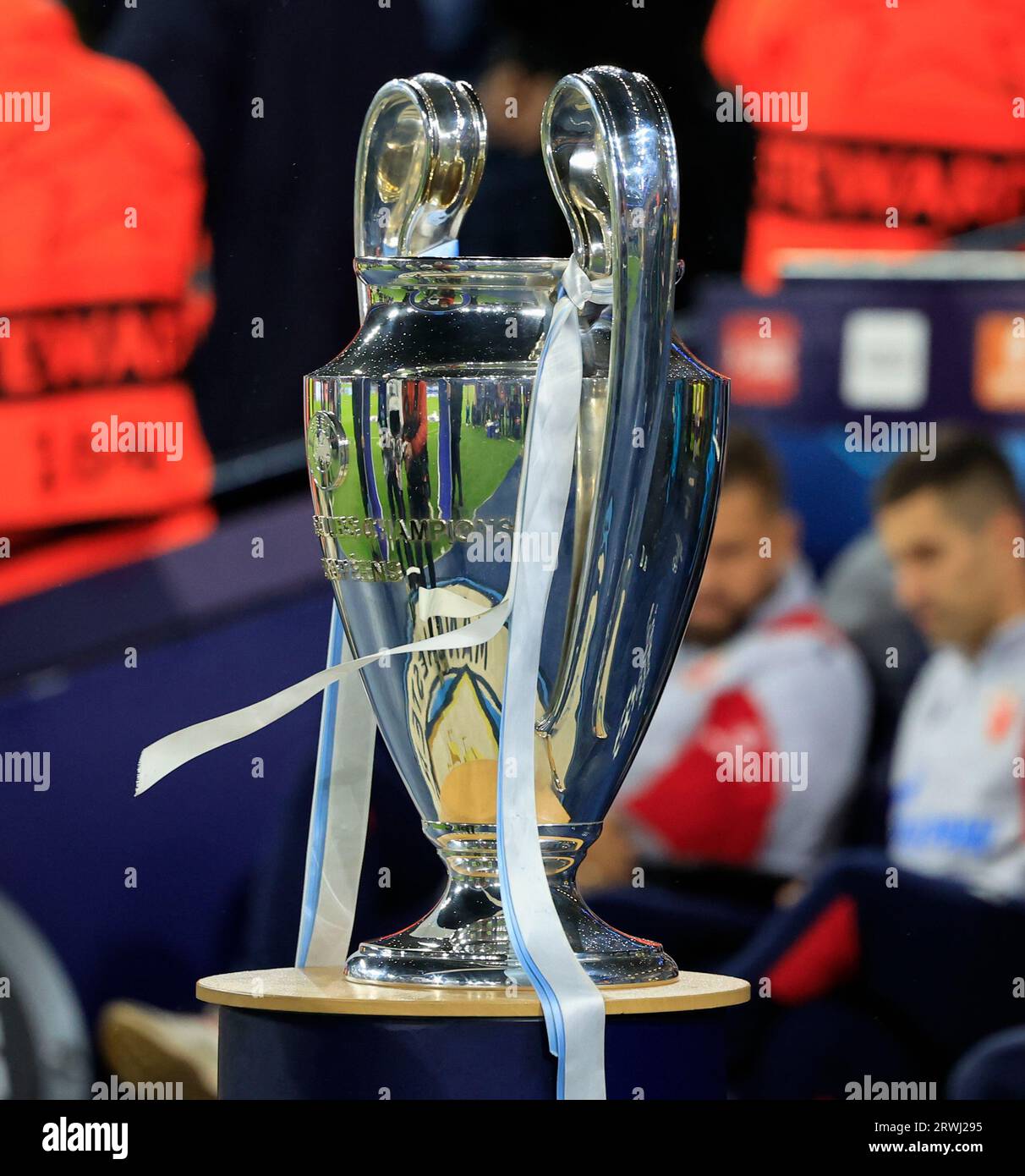 The Champions League trophy at the start of the UEFA Champions League match Manchester City vs Red Star Belgrade at Etihad Stadium, Manchester, United Kingdom, 19th September 2023  (Photo by Conor Molloy/News Images) Stock Photo