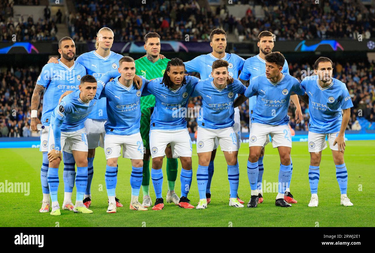 The Manchester City team at the start of the UEFA Champions League match Manchester City vs Red Star Belgrade at Etihad Stadium, Manchester, United Kingdom, 19th September 2023  (Photo by Conor Molloy/News Images) Stock Photo