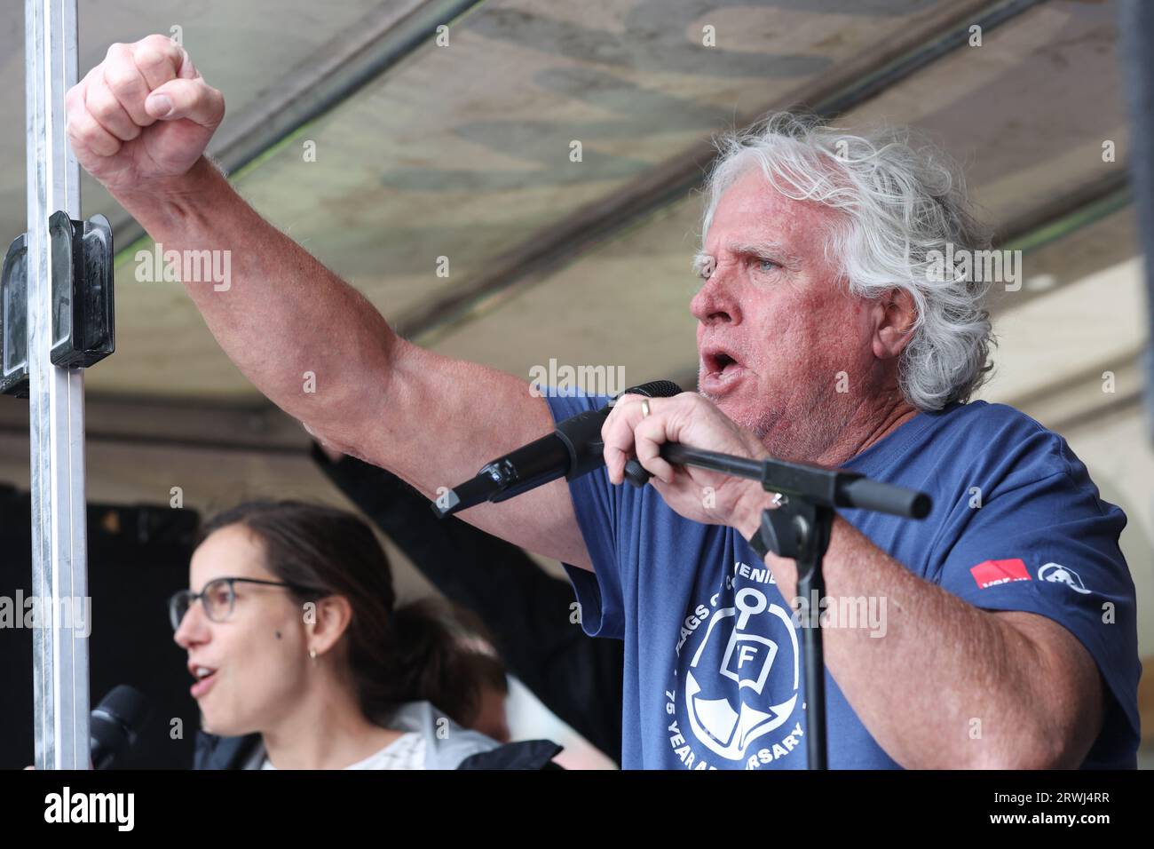 Hamburg, Germany. 19th Sep, 2023. The Australian trade unionist and president of the International Transport Workers' Federation (ITF) speaks at a demonstration against the sale of HHLA shares. Credit: Bodo Marks/dpa/Alamy Live News Stock Photo
