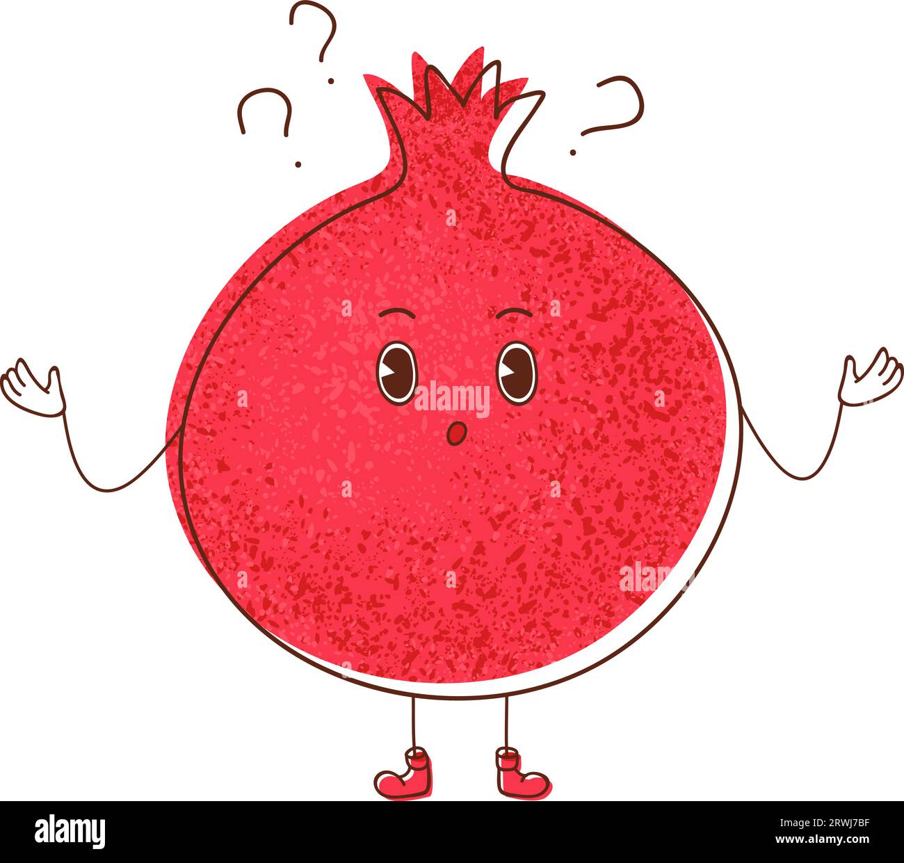An illustration of a curious pomegranate raising a question 
