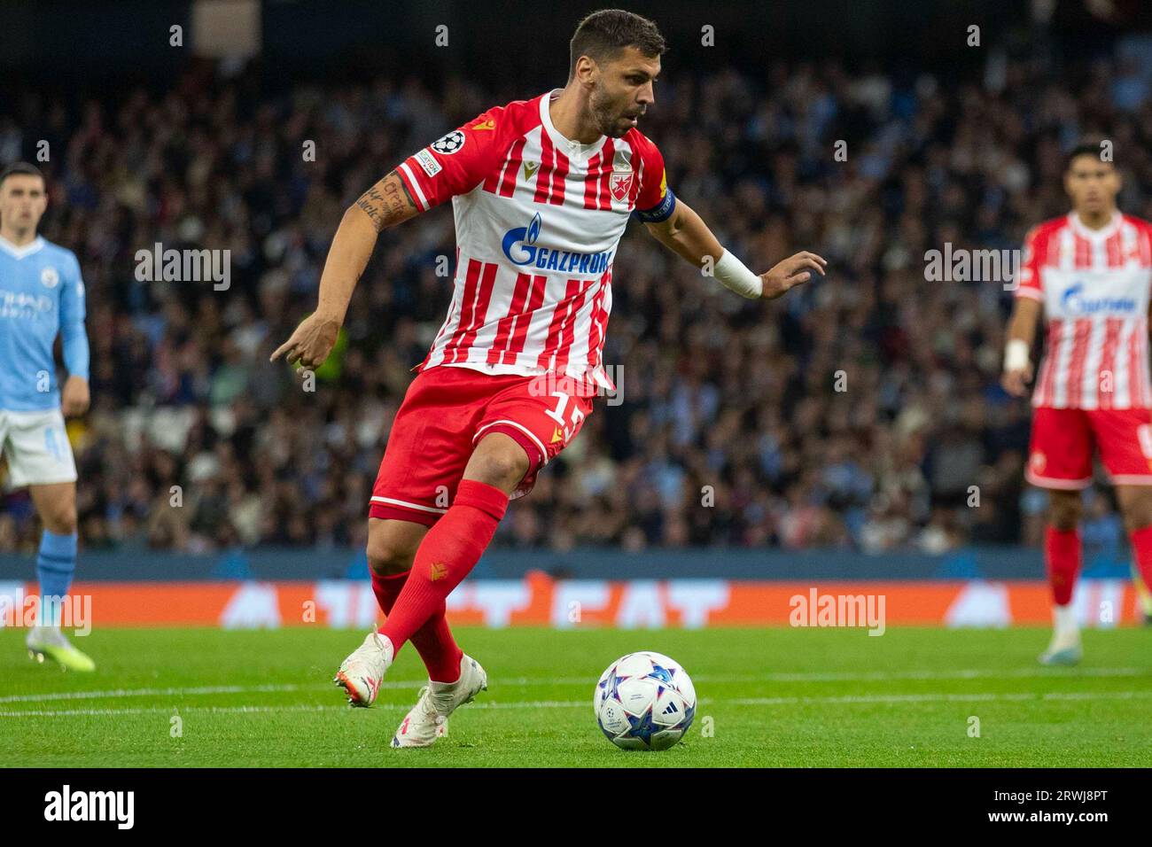 Aleksandar Dragovic #15 of Crvena zvezda during the UEFA Champions League  Group G match between Manchester City and FK Crvena Zvezda at the Etihad  Stadium, Manchester on Tuesday 19th September 2023. (Photo