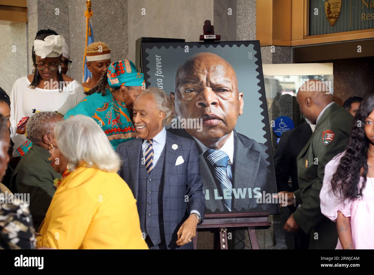 NEW YORK, NEW YORK- SEPTEMBER 19: (L-R) Laurie Cumbo, Rev. Al Sharpton, New York City Mayor Eric Adams, Jasmine Muhammad and others attend the John Lewis Stamp Unveiling held at the African Burial Grounds on September 19, 2023 in New York City. Chris Moore/MediaPunch Stock Photo
