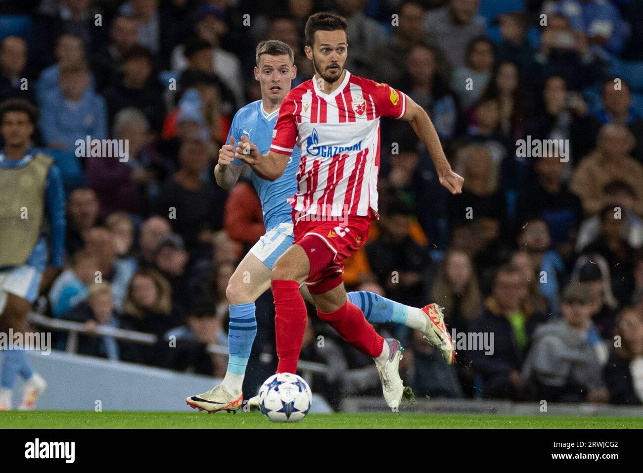 Aleksandar Dragovic #15 of Crvena zvezda during the UEFA Champions League  Group G match between Manchester City and FK Crvena Zvezda at the Etihad  Stadium, Manchester on Tuesday 19th September 2023. (Photo