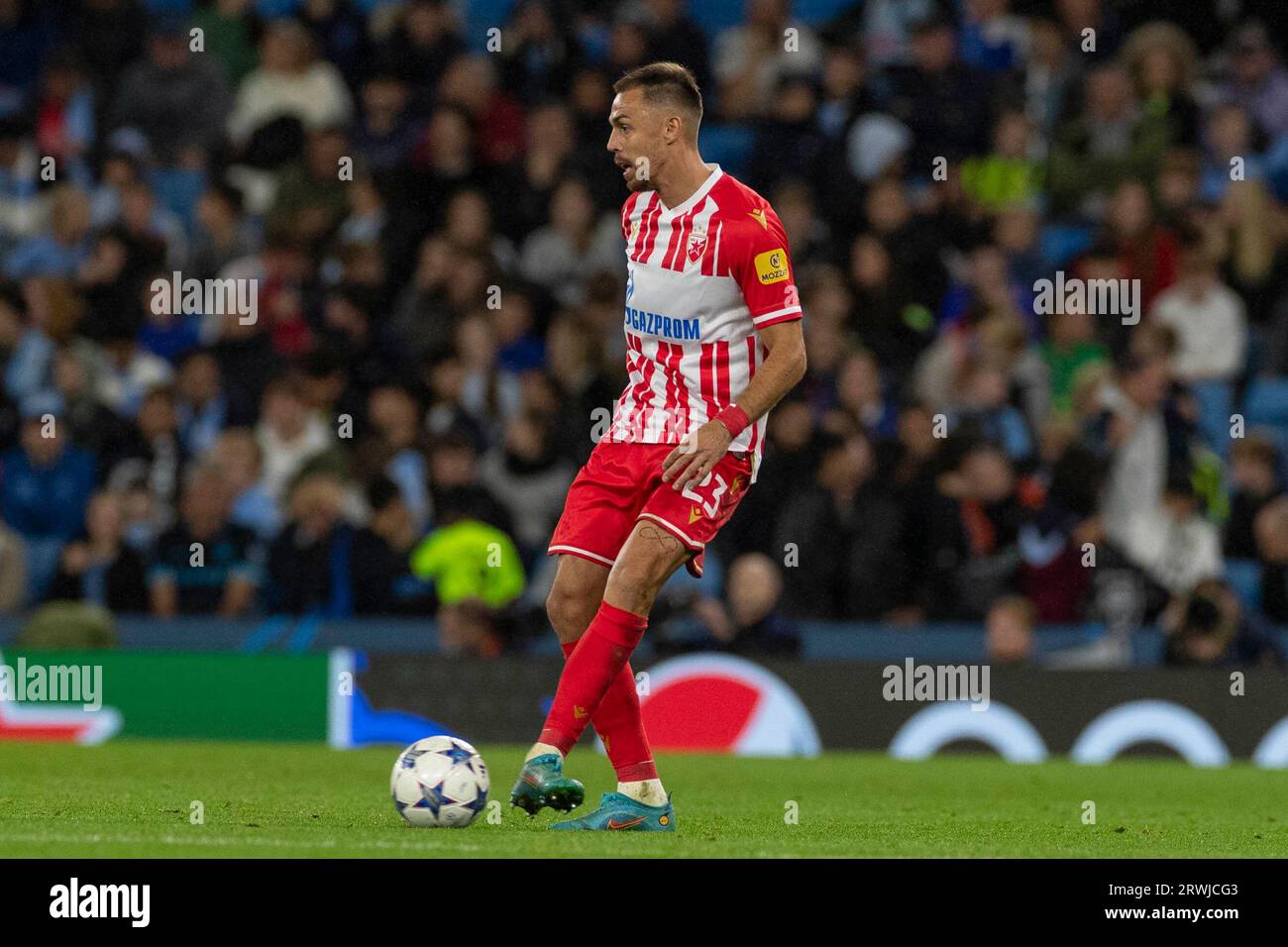 Aleksandar Dragovic #15 of Crvena zvezda during the UEFA Champions League  Group G match between Manchester City and FK Crvena Zvezda at the Etihad  Stadium, Manchester on Tuesday 19th September 2023. (Photo