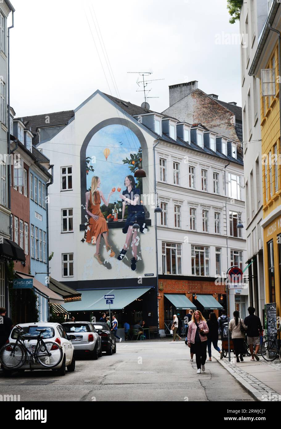 Colorful buildings along Store Regnegade  in the old town in Copenhagen, Denmark. Stock Photo