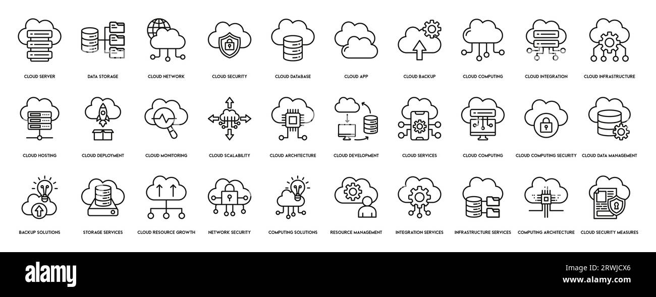 Cloud computing icons Set of line, cloud services, server, cyber security, digital transformation. Outline icon collection. Stock Vector