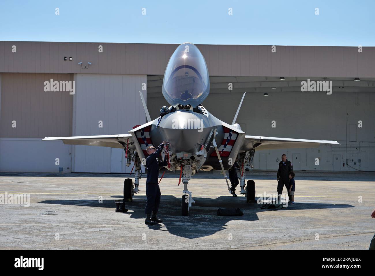 FORT LAUDERDALE, FLORIDA - MAY 05: F-35 Lightning II Joint Strike Fighter. This is the FIRST TIME the F35 is flying out of a civilian airport to support an air show seen here at a private FBO at Fort Lauderdale-Hollywood International Airport on May 5, 2016 in Fort Lauderdale, Florida. People: F-35 Lightning II Joint Strike Fighter Credit: Storms Media Group/Alamy Live News Stock Photo