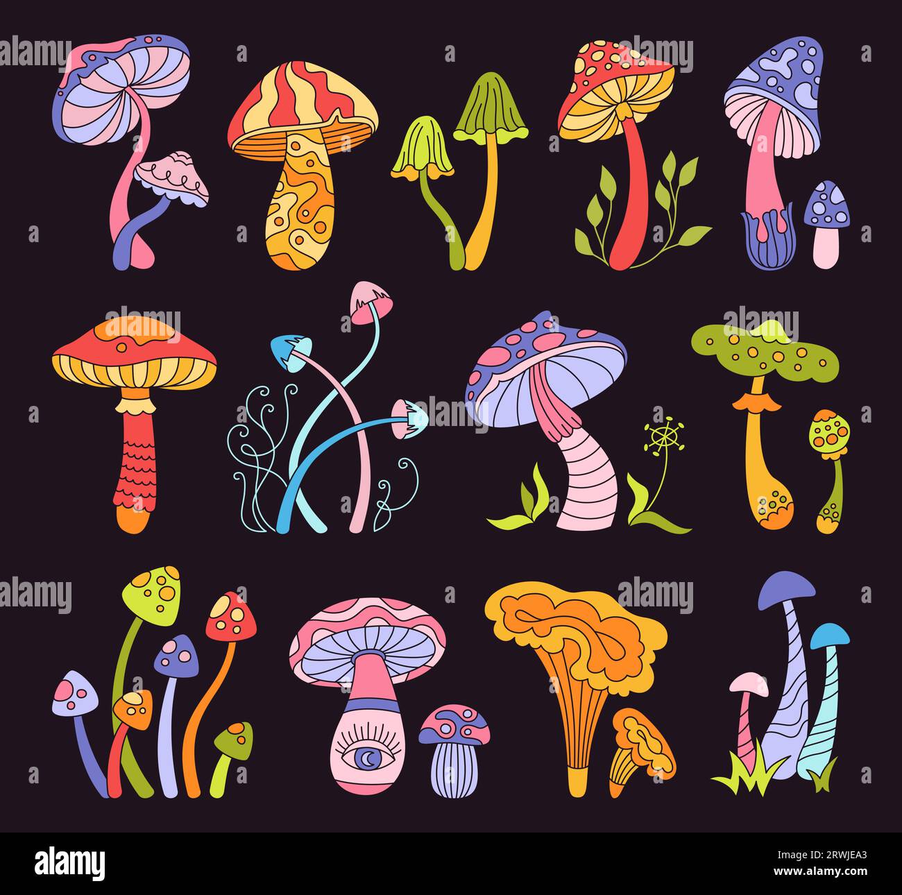 Mushrooms stylizes hippie retro set. Poisonous psychedelic 