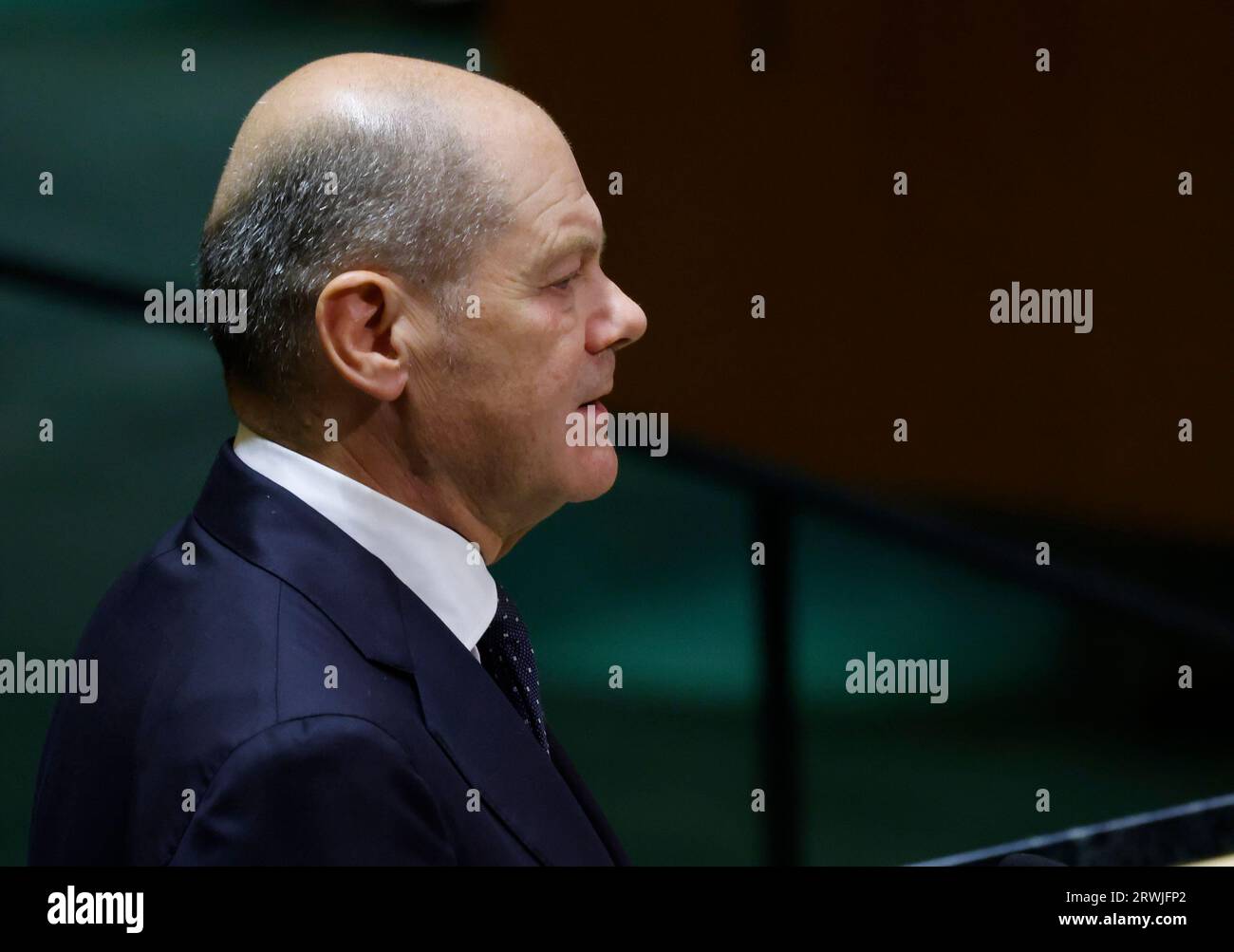 New York, United States. 19th Sep, 2023. Germany Chancellor Olaf Scholz speaks at the UN General Assembly 78th session General Debate in UN General Assembly Hall at the United Nations Headquarters on Tuesday, September 19, 2023 in New York City. Photo by John Angelillo/UPI Credit: UPI/Alamy Live News Stock Photo
