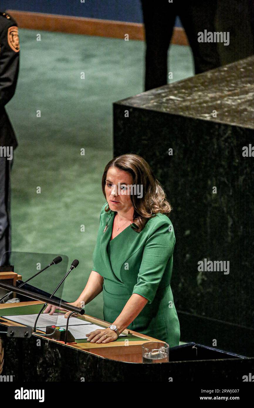 New York, New York, USA. 19th Sep, 2023. KATALIN NOVAK President of Hungary  speaks in front of the audience at the 2023 UN General Assembly themed  Rebuilding trust and reigniting global solidarity:
