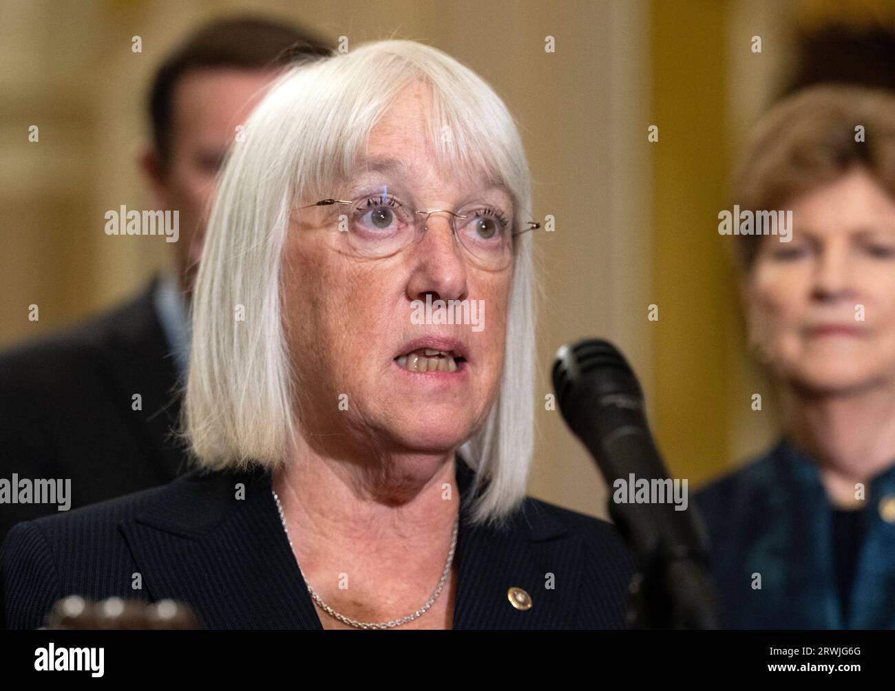 United States Senator Patty Murray (Democrat of Washington), Chair, US Senate Committee on Appropriations, makes remarks at the press conference following the weekly Democratic Party policy luncheon at the US Capitol in Washington, DC on Tuesday, September 19, 2023. Credit: Ron Sachs/CNP Stock Photo