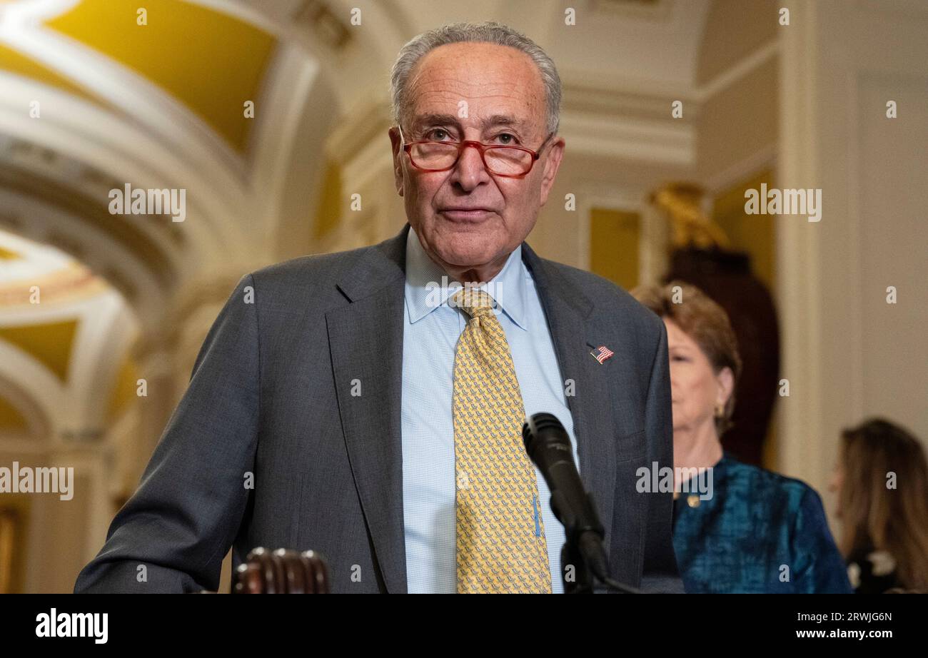 United States Senate Majority Leader Chuck Schumer (Democrat of New York) makes remarks at the press conference following the weekly Democratic Party policy luncheon at the US Capitol in Washington, DC on Tuesday, September 19, 2023. Credit: Ron Sachs/CNP Stock Photo