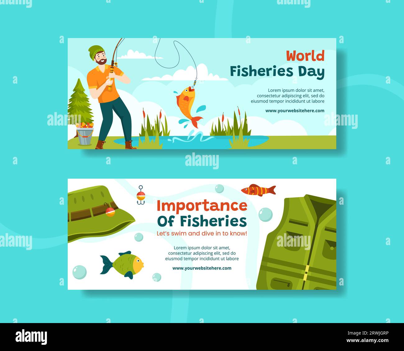 Fisheries Day Horizontal Banner Illustration Flat Cartoon Hand Drawn