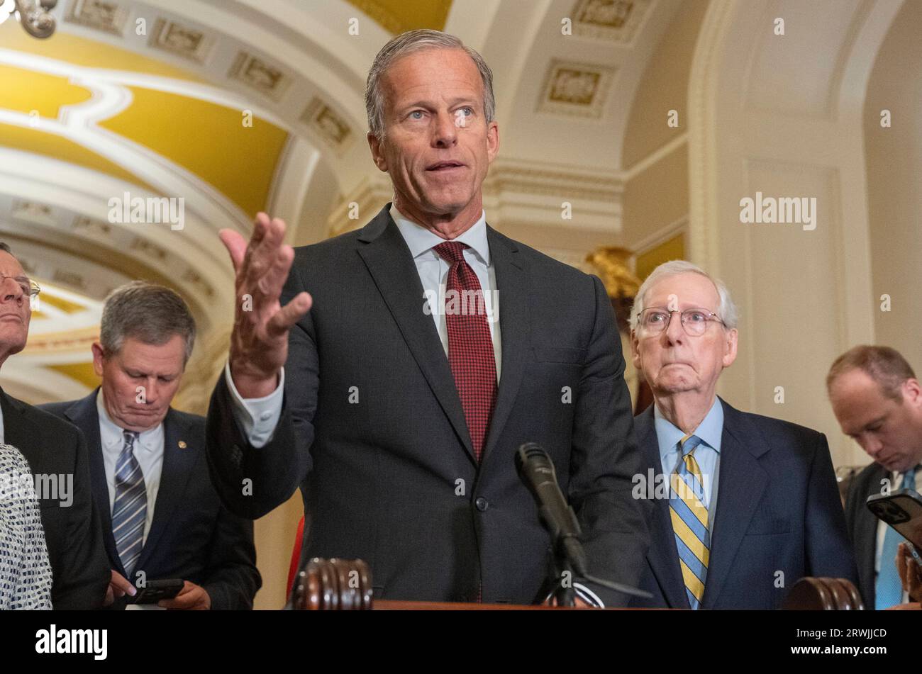 United States Senator John Thune (Republican of South Dakota) makes remarks at the press conference following the weekly Republican Party policy luncheon at the US Capitol in Washington, DC on Tuesday, September 19, 2023. Credit: Ron Sachs/CNP Stock Photo