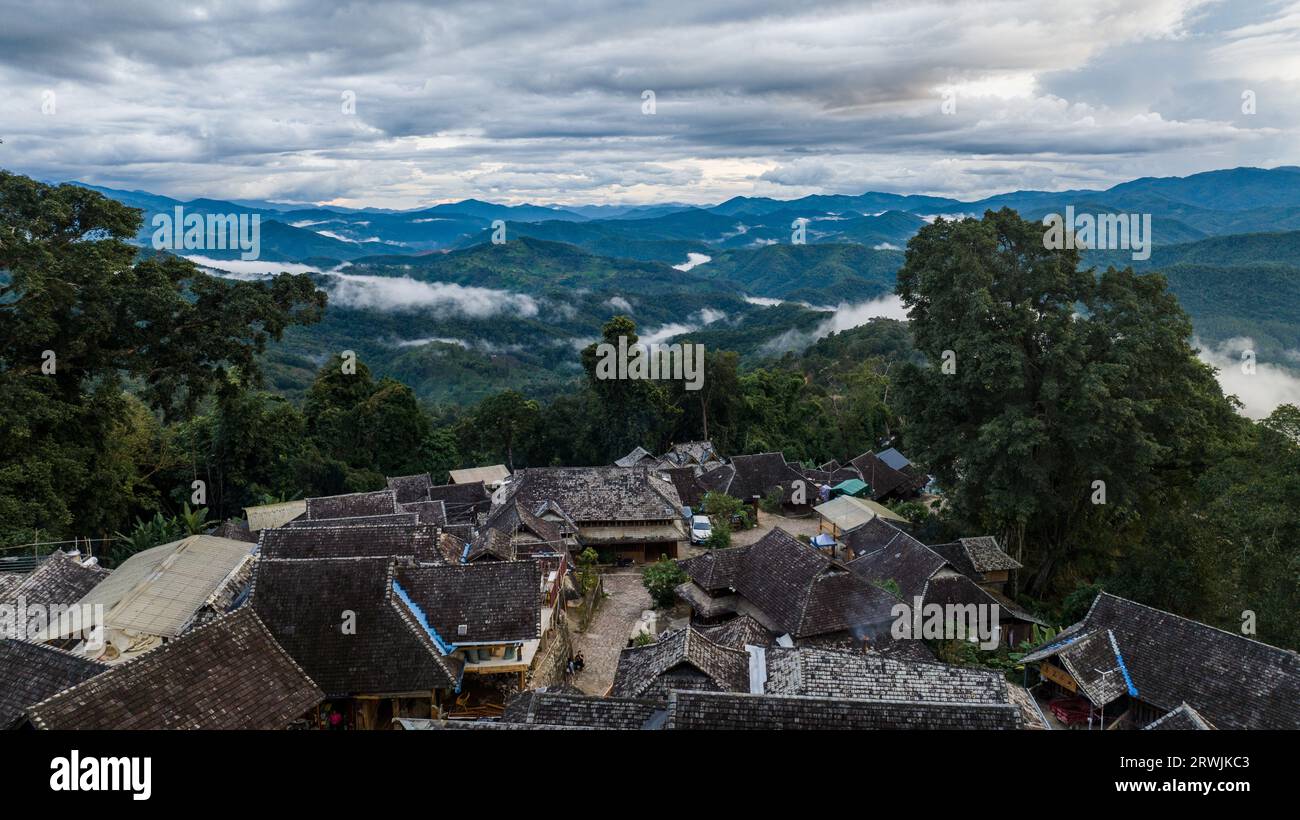 Pu'er. 18th Sep, 2023. This aerial photo taken on Sept. 18, 2023 shows the Wengji Village in Pu'er City, southwest China's Yunnan Province. The Cultural Landscape of Old Tea Forests of Jingmai Mountain in Pu'er was inscribed on the UNESCO World Heritage List on Sunday at the extended 45th session of the UNESCO World Heritage Committee in Riyadh, Saudi Arabia, making it China's 57th World Heritage Site. Credit: Hu Chao/Xinhua/Alamy Live News Stock Photo