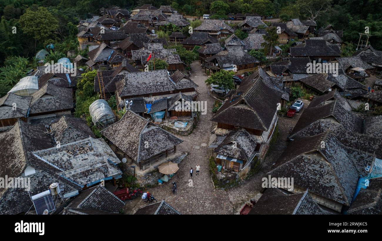 Pu'er. 18th Sep, 2023. This aerial photo taken on Sept. 18, 2023 shows the Wengji Village in Pu'er City, southwest China's Yunnan Province. The Cultural Landscape of Old Tea Forests of Jingmai Mountain in Pu'er was inscribed on the UNESCO World Heritage List on Sunday at the extended 45th session of the UNESCO World Heritage Committee in Riyadh, Saudi Arabia, making it China's 57th World Heritage Site. Credit: Hu Chao/Xinhua/Alamy Live News Stock Photo