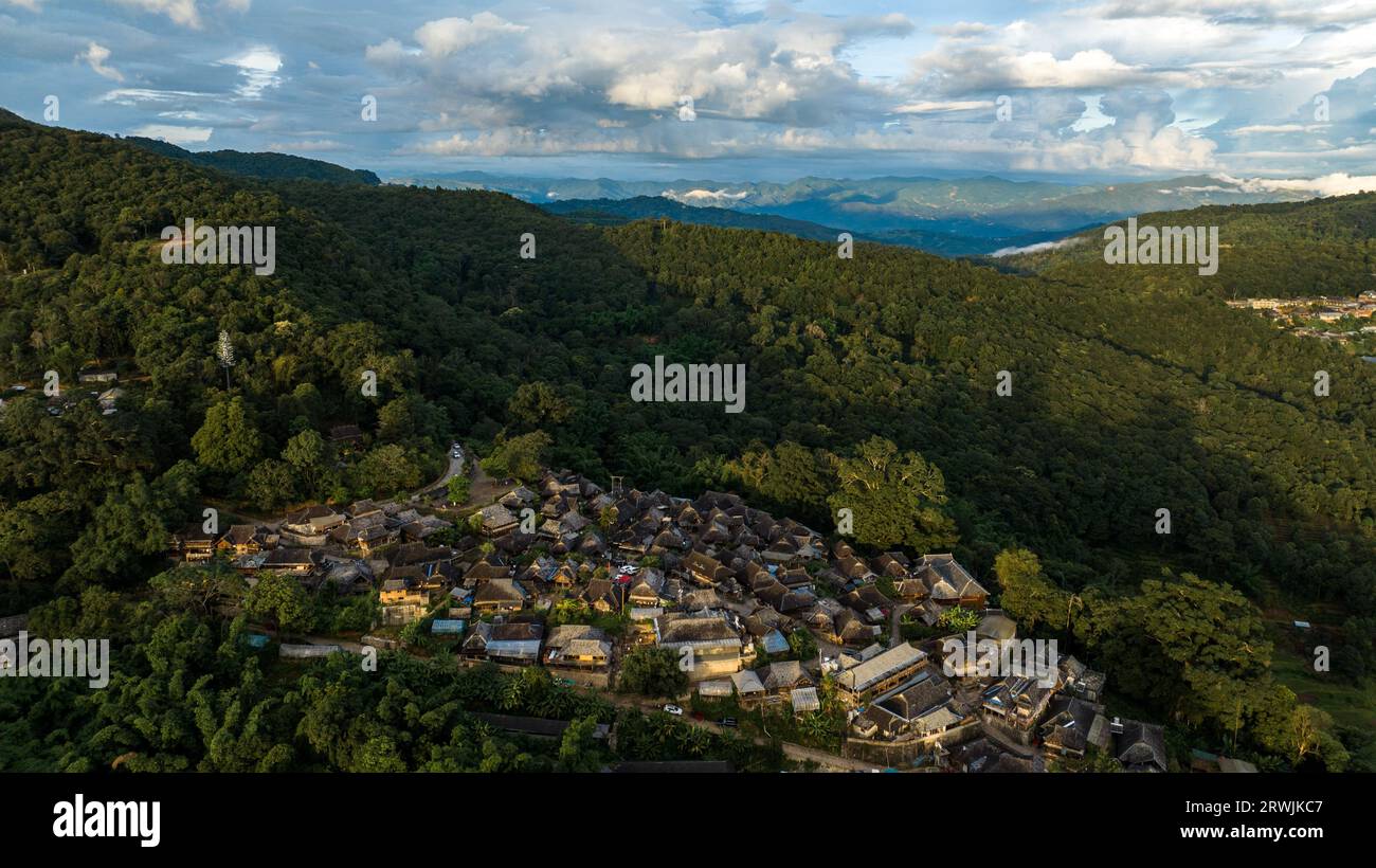 Pu'er. 18th Sep, 2023. This panoramic aerial photo taken on Sept. 18, 2023 shows the Wengji Village in Pu'er City, southwest China's Yunnan Province. The Cultural Landscape of Old Tea Forests of Jingmai Mountain in Pu'er was inscribed on the UNESCO World Heritage List on Sunday at the extended 45th session of the UNESCO World Heritage Committee in Riyadh, Saudi Arabia, making it China's 57th World Heritage Site. Credit: Hu Chao/Xinhua/Alamy Live News Stock Photo