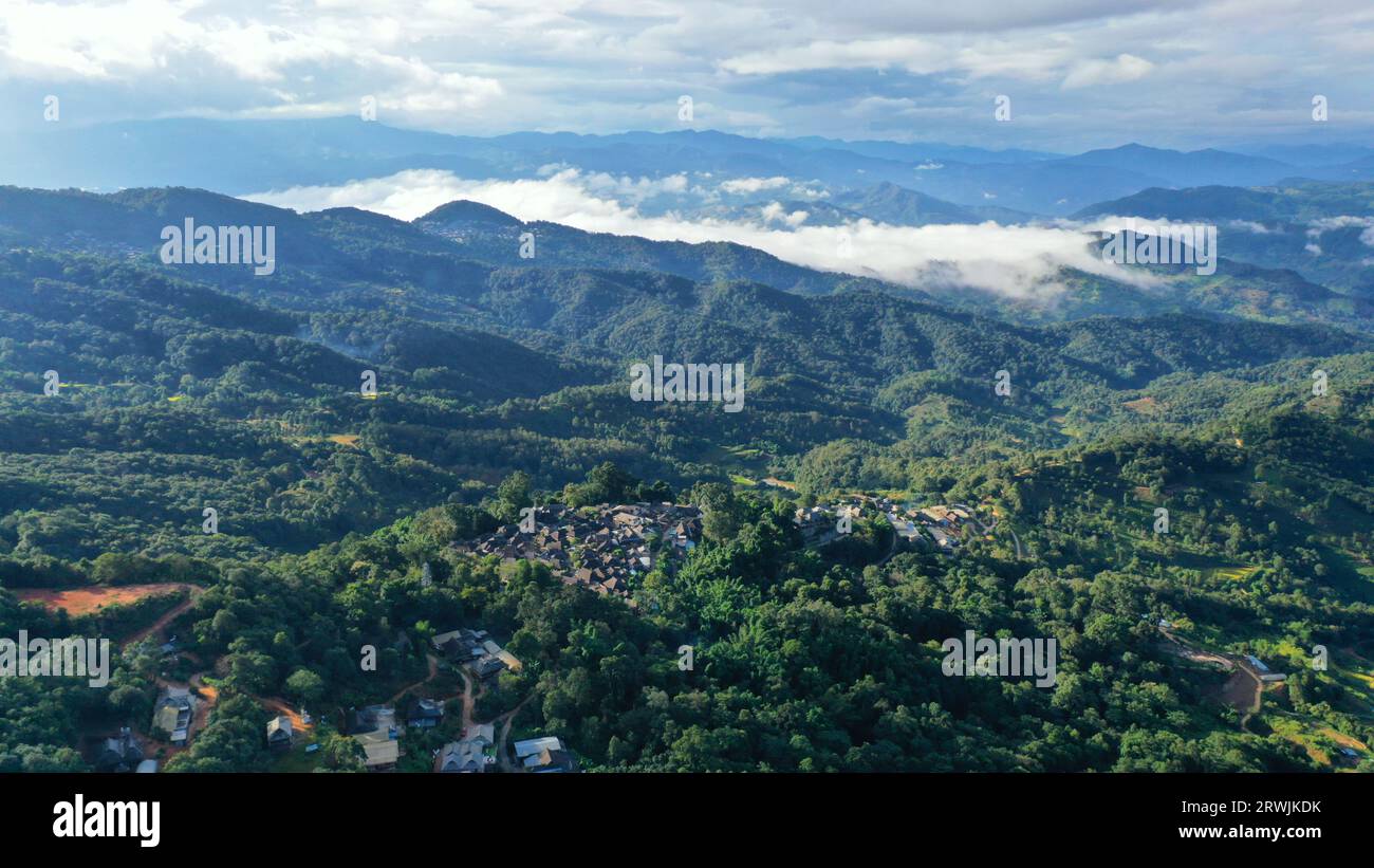 Pu'er. 17th Sep, 2023. This aerial photo taken on Sept. 17, 2023 shows the Jingmai Mountain in Pu'er City, southwest China's Yunnan Province. The Cultural Landscape of Old Tea Forests of Jingmai Mountain in Pu'er was inscribed on the UNESCO World Heritage List on Sunday at the extended 45th session of the UNESCO World Heritage Committee in Riyadh, Saudi Arabia, making it China's 57th World Heritage Site. Credit: Tang Rufeng/Xinhua/Alamy Live News Stock Photo