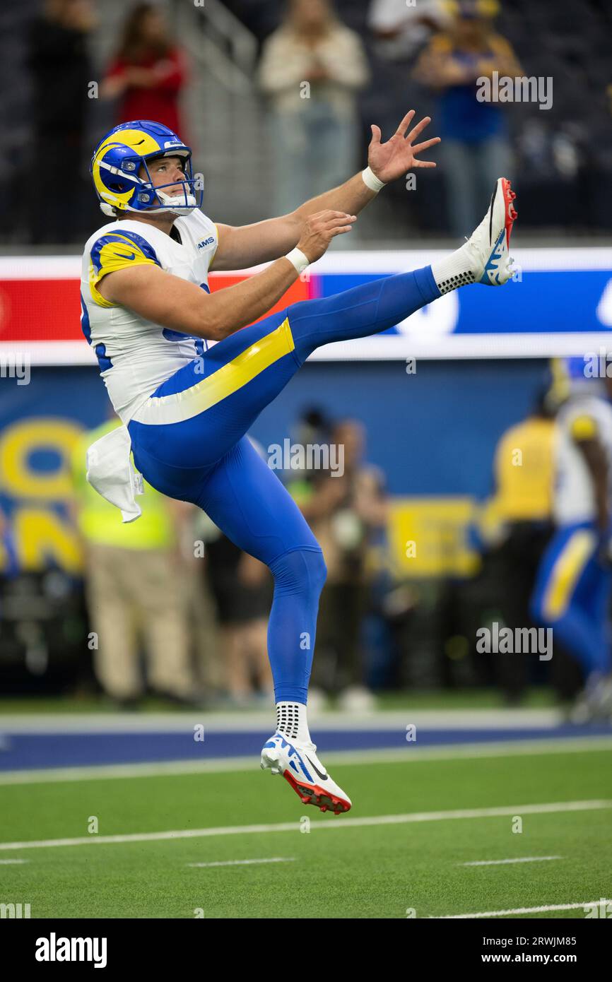 Los Angeles Rams punter Ethan Evans (42) punts before an NFL preseason football  game against the Las Vegas Raiders, Saturday, Aug. 19, 2023, in Inglewood,  Calif. (AP Photo/Kyusung Gong Stock Photo - Alamy