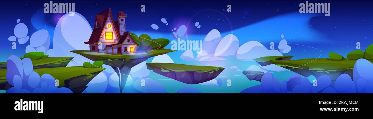 Fantasy house floating on magic island in night sky. Vector cartoon illustration of fairytale cottage with light in windows flying on land surrounded Stock Vector