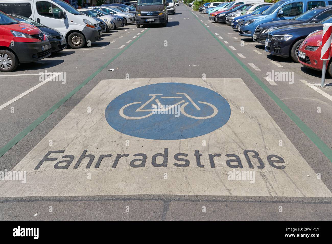 Priority bicycle lane, Fahrradstrasse for cyclists in the city center of Berlin. Translation: Bicycle road Stock Photo