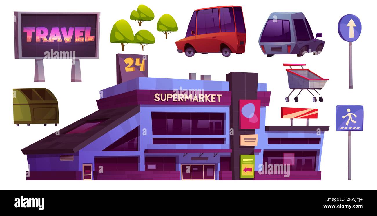 Supermarket store and car parking exterior vector set. City grocery