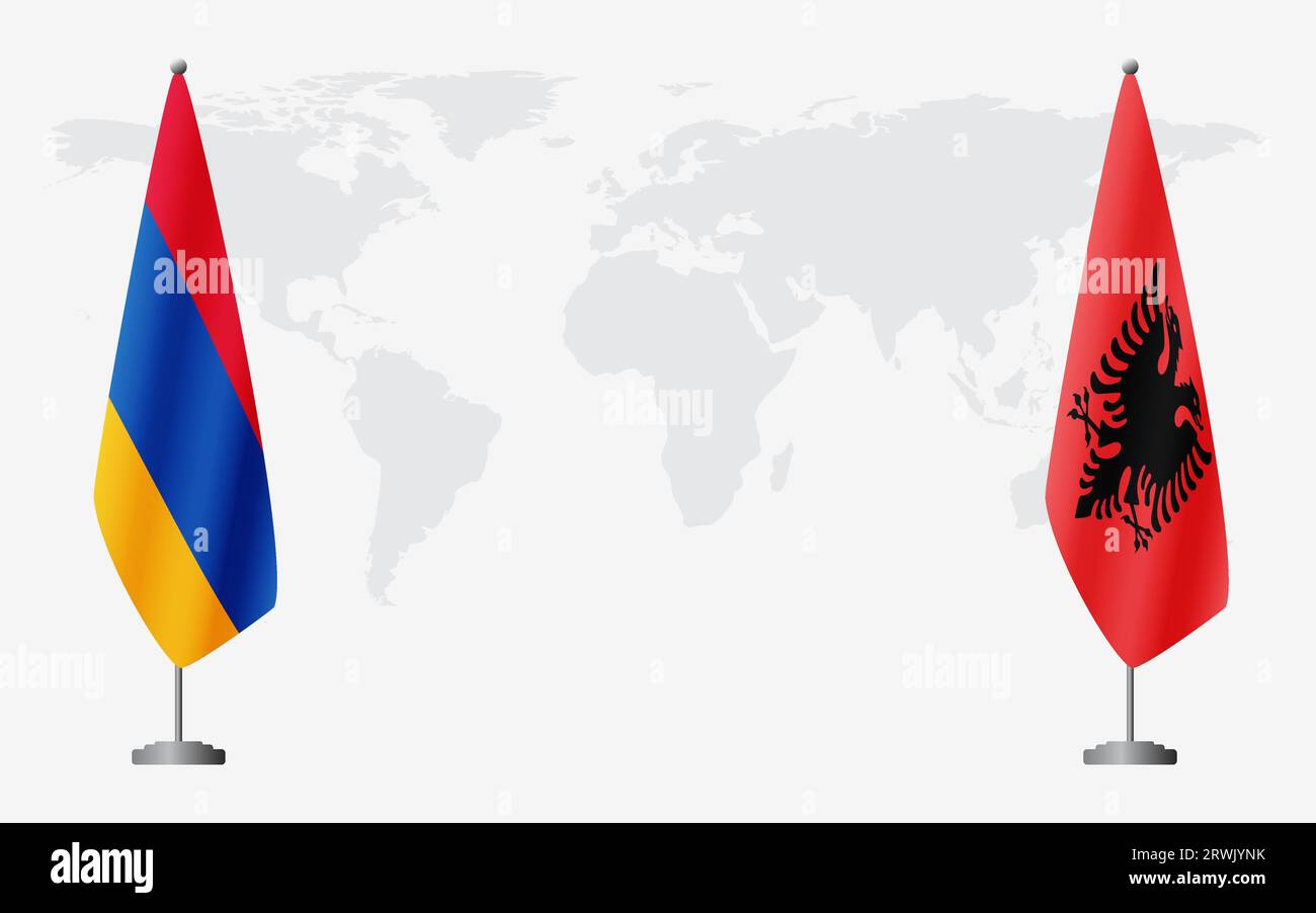 Armenia and Albania flags for official meeting against background of
