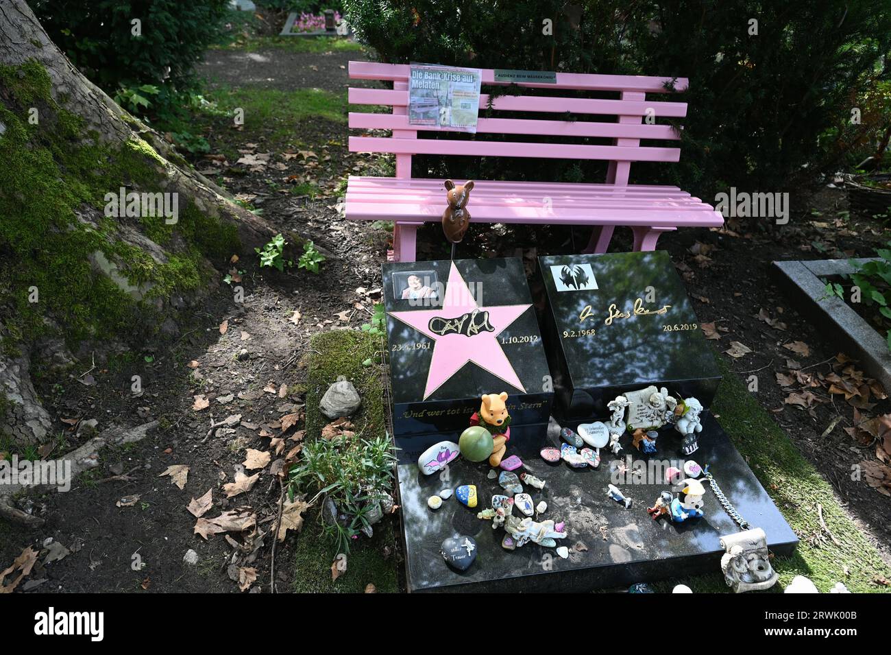 Cologne, Germany. 10th Sep, 2023. The grave of actor, comedian and entertainer Dirk Bach with eye-catching pink bench. Grave at the Cologne celebrity cemetery Melaten Credit: Horst Galuschka/dpa/Horst Galuschka dpa/Alamy Live News Stock Photo