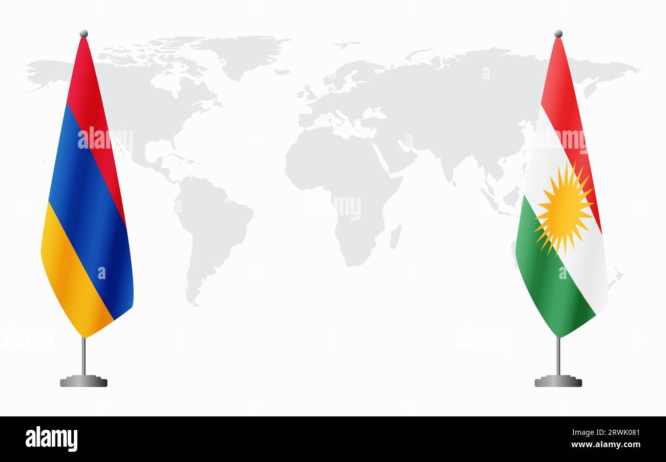 Armenia and Kurdistan flags for official meeting against background of