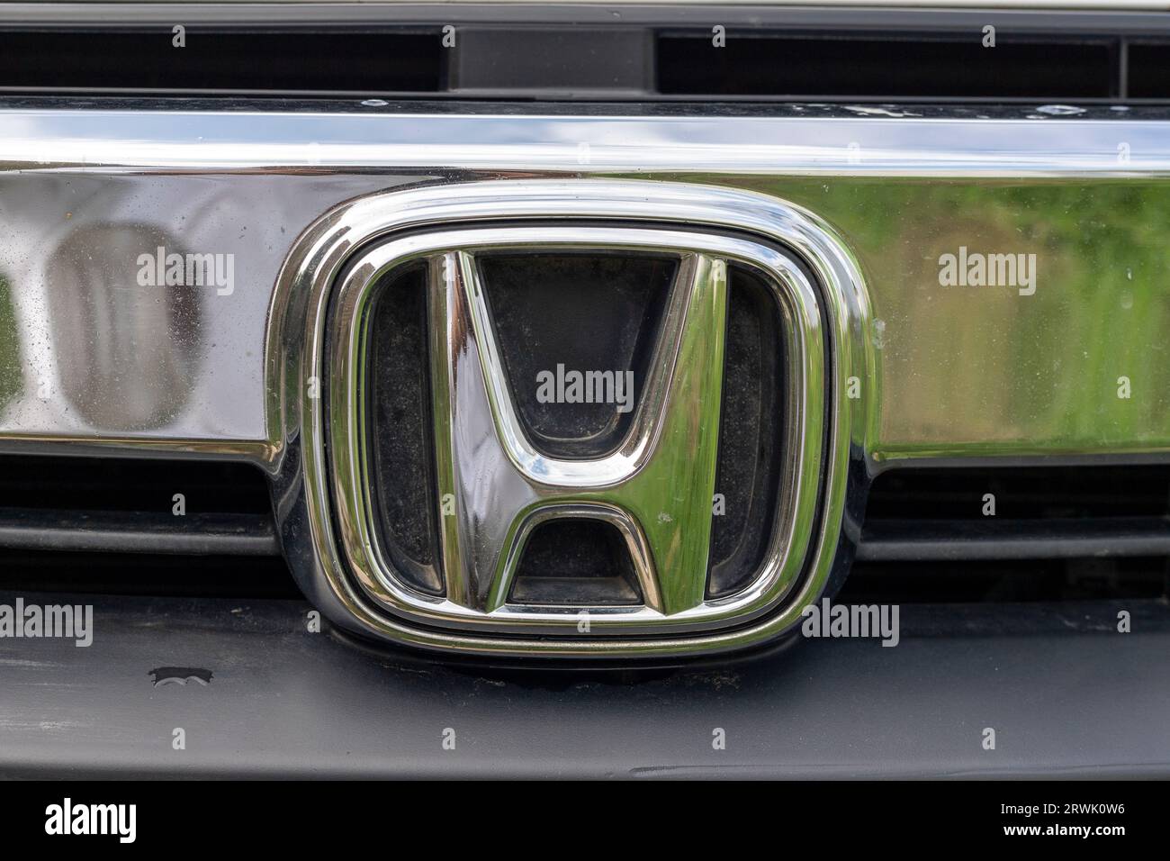 Honda motor company badge or logo closeup: Swat, Pakistan - 02 August 2023. Stock Photo