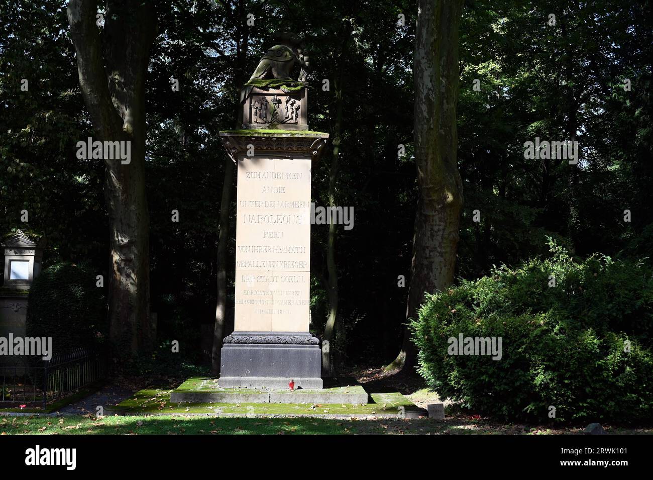 Cologne, Germany. 10th Sep, 2023. The Napoleon Stone in Cologne's Melaten Cemetery is a war memorial to soldiers from Cologne who fought under Napoleon Bonaparte and died during the Napoleonic Wars. Grave at the Cologne Cemetery of Celebrities Melaten Credit: Horst Galuschka/dpa/Horst Galuschka dpa/Alamy Live News Stock Photo