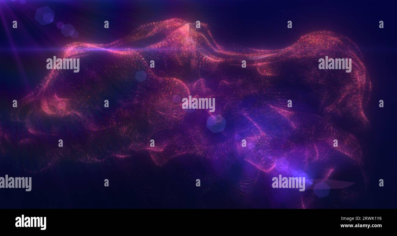 Abstract floating liquid from energy purple particles glowing magical ...