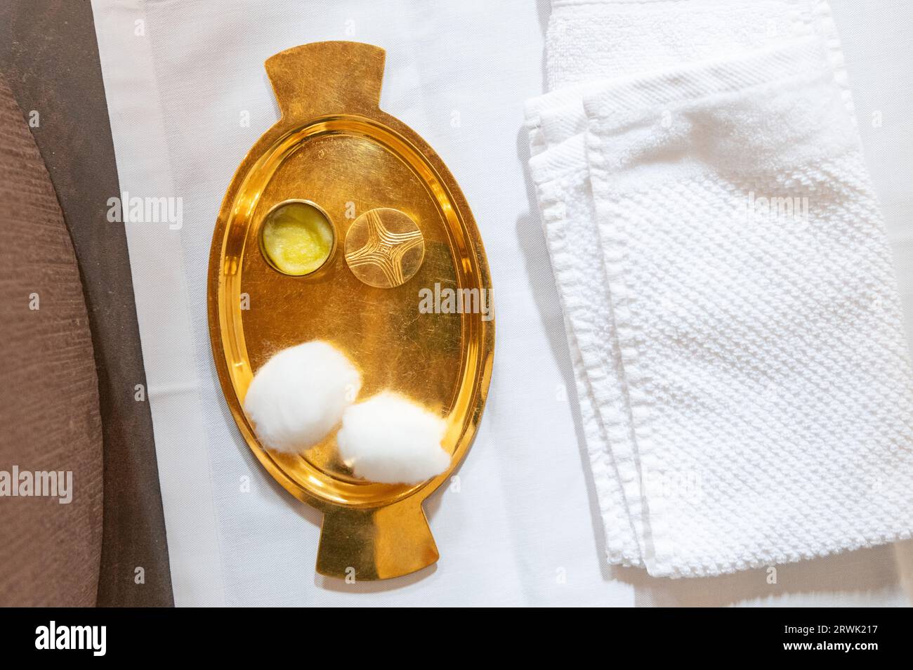 Villingen Schwenningen, Germany. 17th Sep, 2023. Paraphernalia for baptism is available before the start of a baptism at St. Francis Catholic Church. Credit: Silas Stein/dpa/Alamy Live News Stock Photo