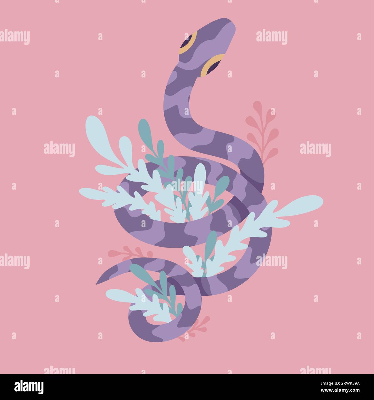 Vector cartoon postcard with a violet tracery snake with herbs and ...