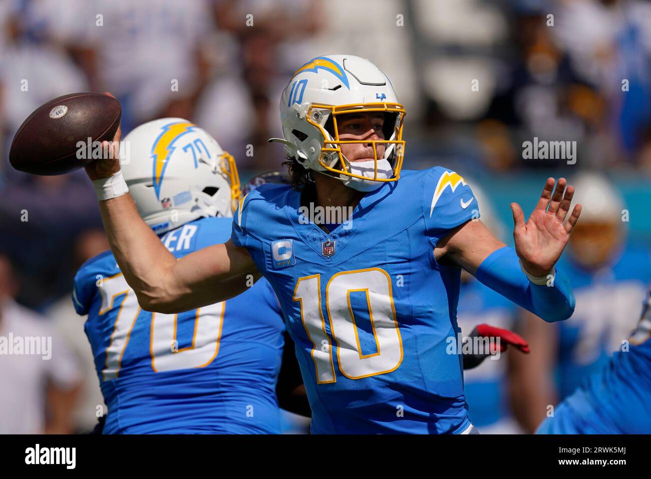 Los Angeles Chargers quarterback Justin Herbert (10) throws a pass against  the Tennessee Titans during the second half of an NFL football game Sunday,  Sept. 17, 2023, in Nashville, Tenn. (AP Photo/George