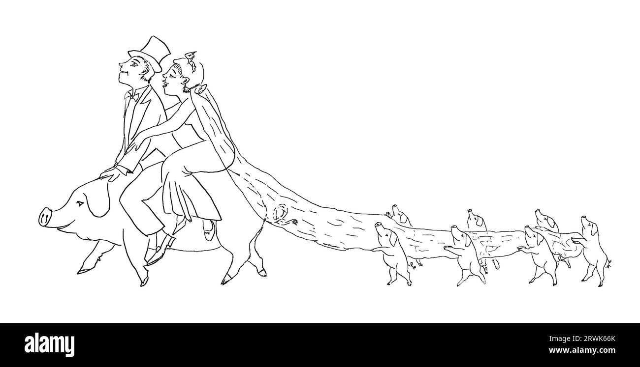 Wedding couple riding home on a pig, seven little pigs carrying the bride's veil, b w illustration Stock Photo