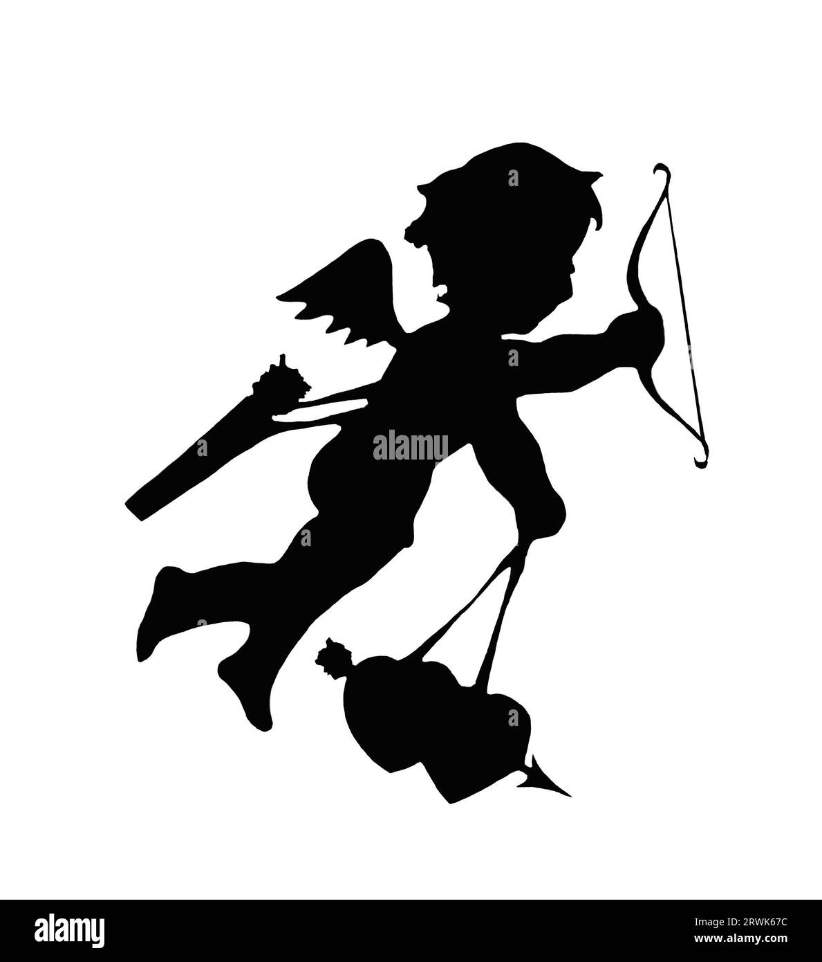 Flying Cupid with arrow, bow and hearts, silhouette, b w illustration Stock Photo