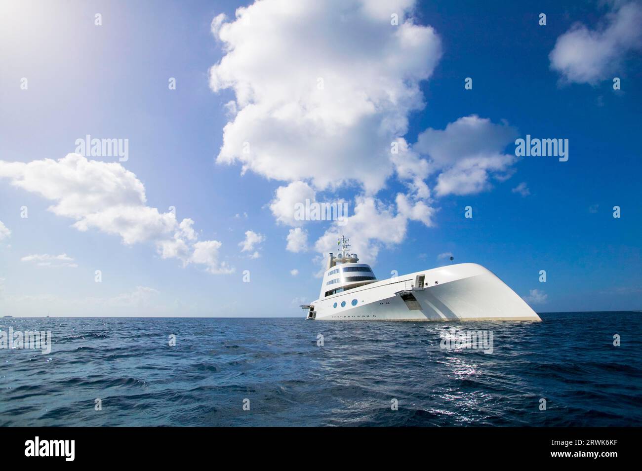 Futuristic motor yacht in the Caribbean Stock Photo