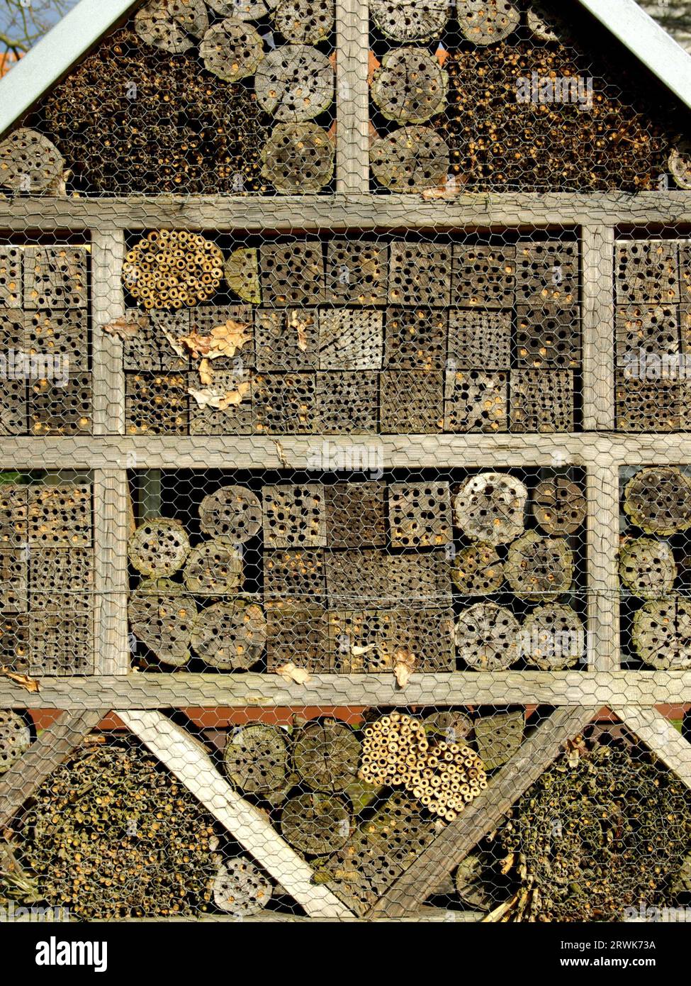 Bee house made of wood with many different hiding places Stock Photo