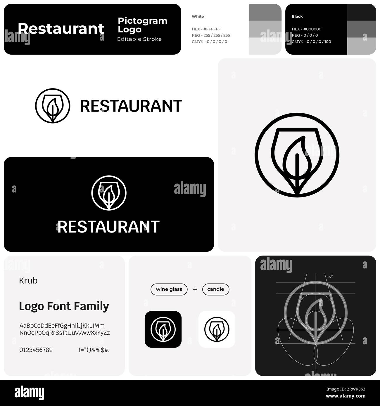 Restaurant branding monochrome template with creative logo Stock Vector