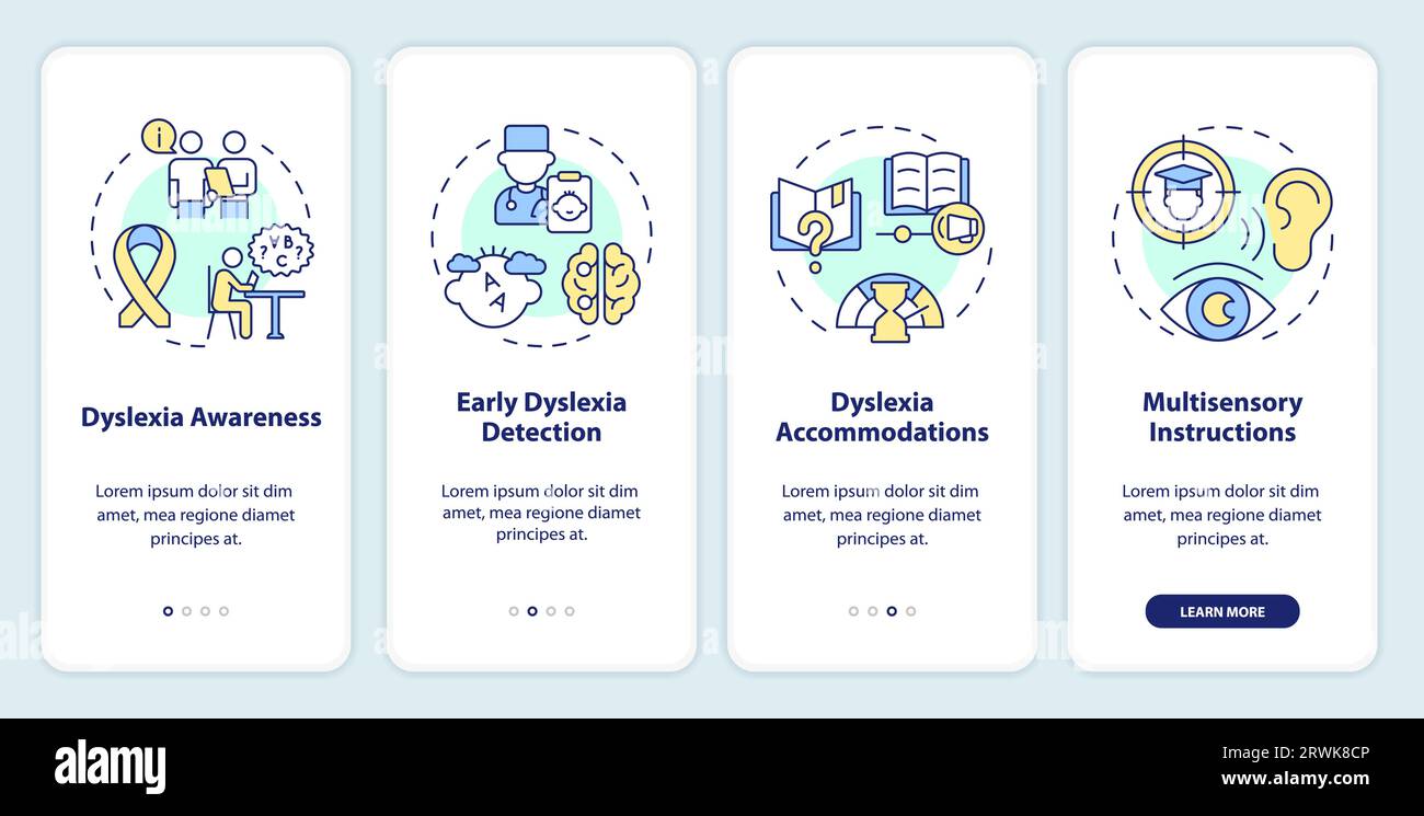Walkthrough dyslexia with thin linear icons concept Stock Vector