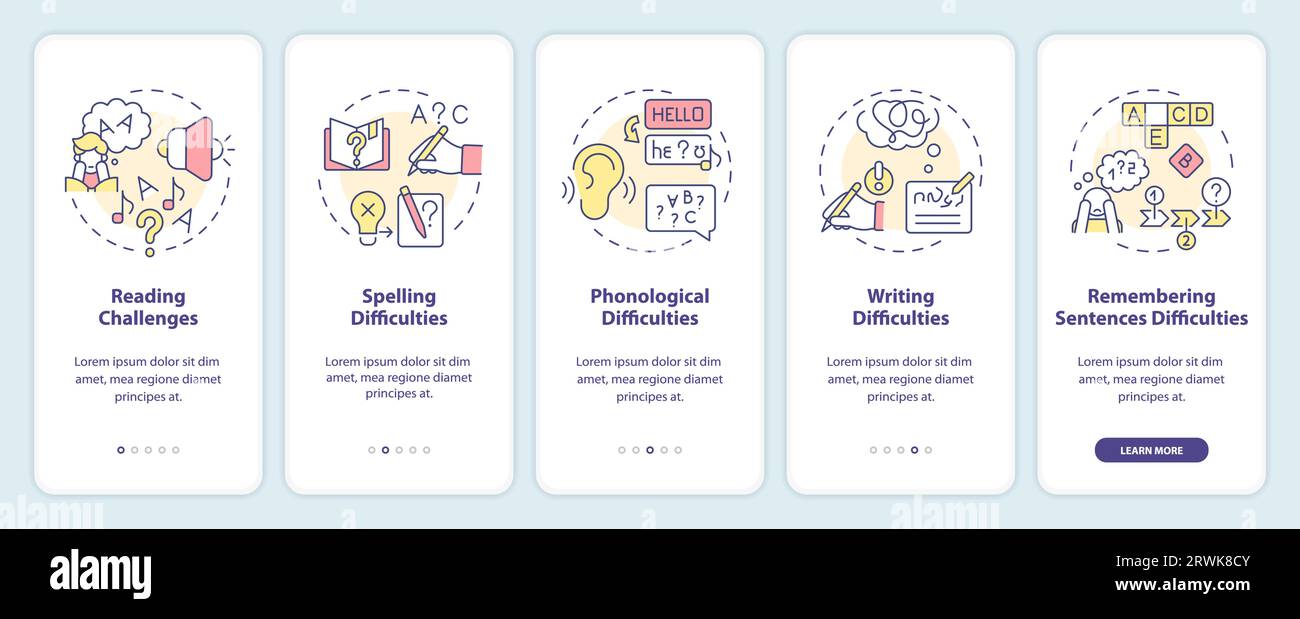 Multicolor walkthrough dyslexia with linear icons concept Stock Vector