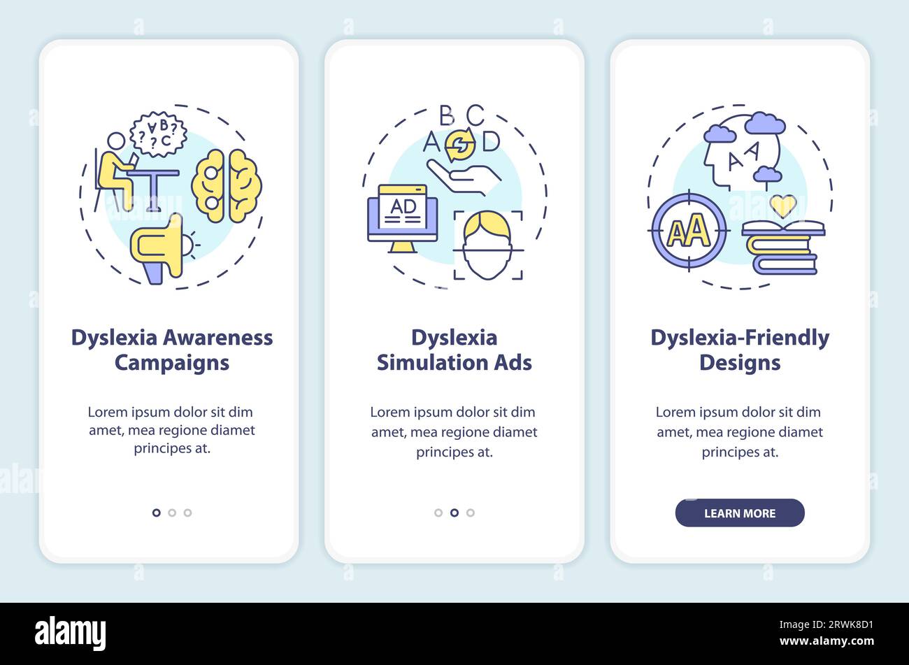 2D walkthrough dyslexia with line icons concept Stock Vector