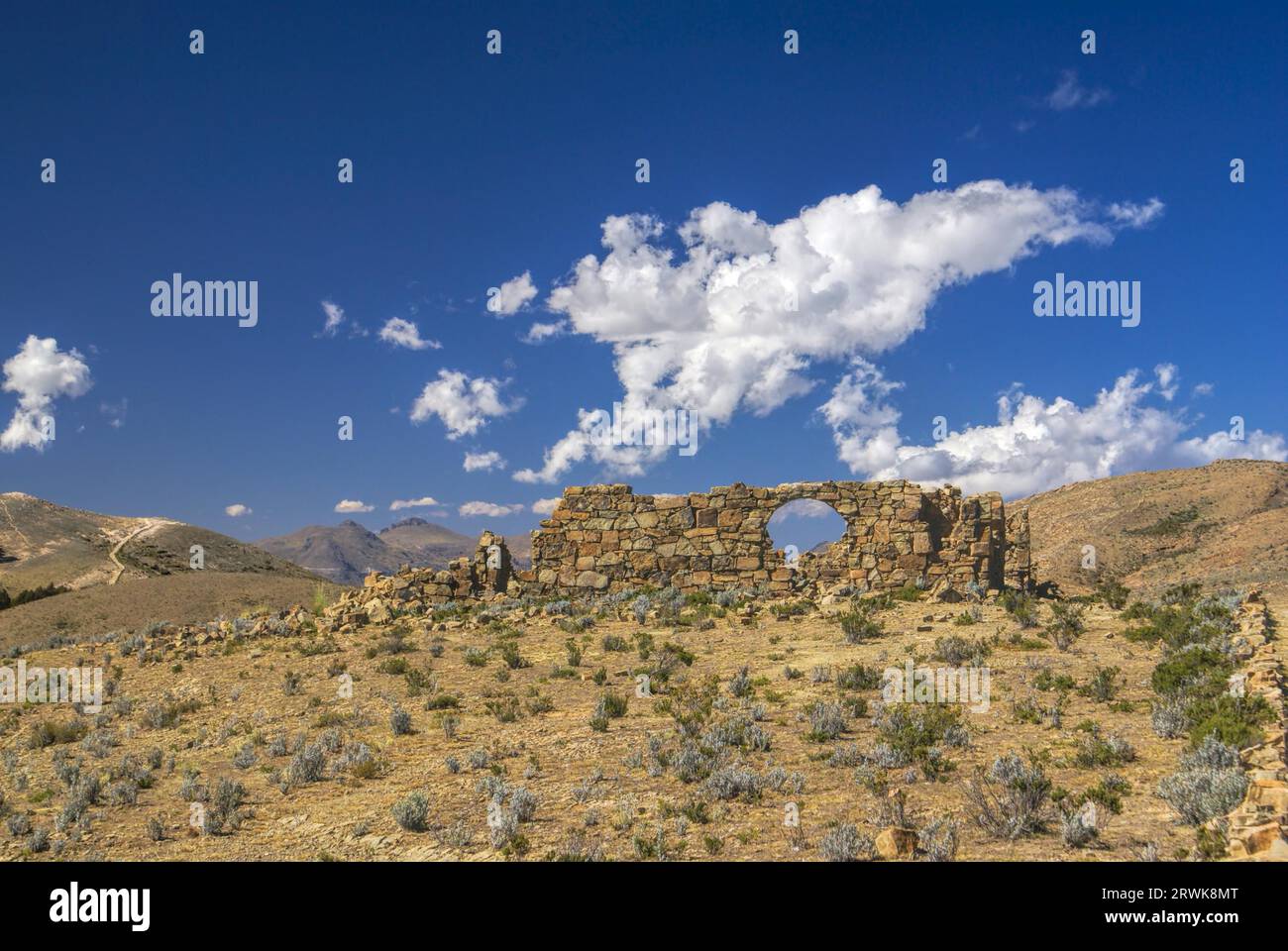 Scenic ruins of house on Isla del Sol, island on lake Titicaca in Bolivia Stock Photo
