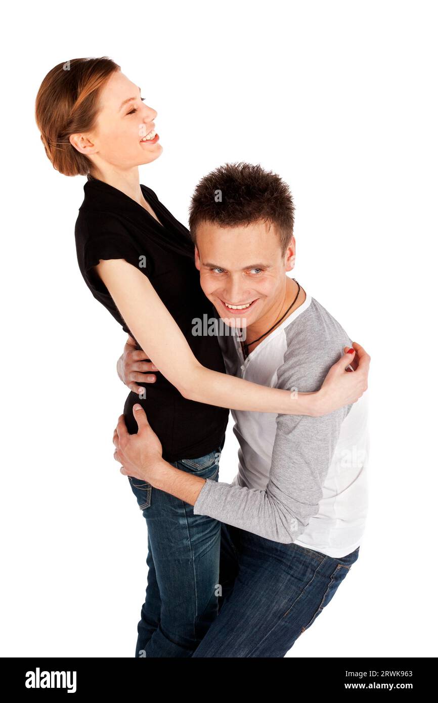 Young attractive happy couple having fun isolated on white Stock Photo ...