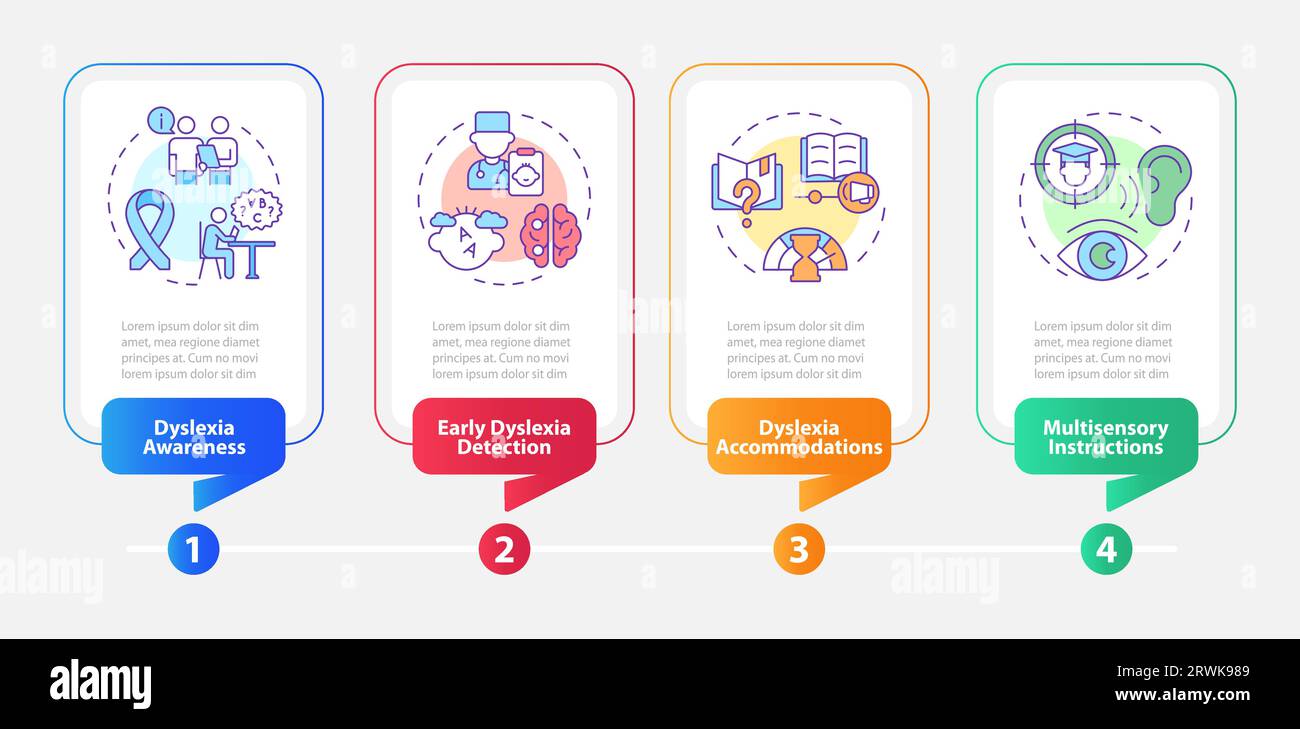 Multicolor dyslexia layout with thin line icons Stock Vector