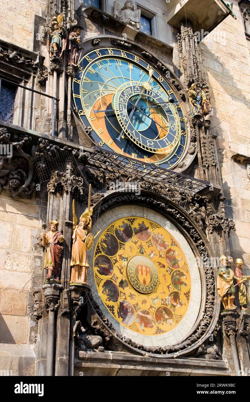 The Astronomical Clock, a medieval landmark mounted on the wall of Old Town City Hall in Prague, Czech Republic Stock Photo
